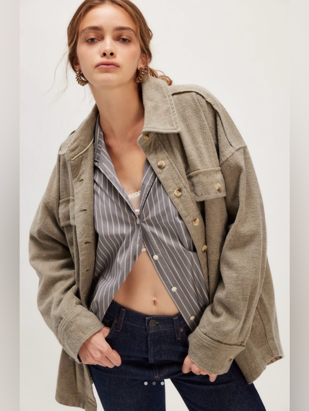 NWT Free People S We the Free Peached Twill Shirt in Green Combo Jacket New $148